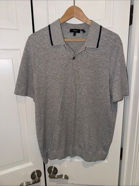 Theory Men's Heather Grey Polo with Navy Collar Trim